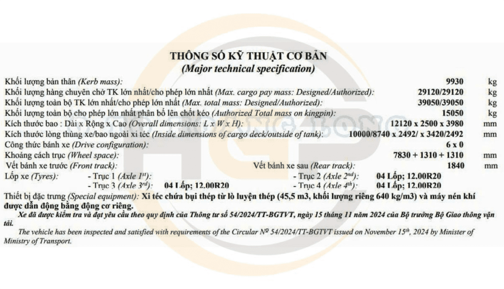 Giấy chứng nhận chất lượng của mooc bồn xi téc xi măng HUAYUDA mới