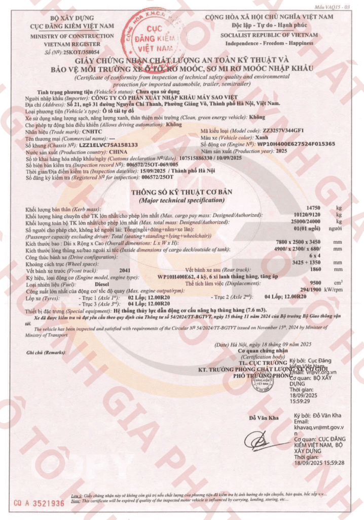 Giấy chứng nhận chất lượng của xe tải tự đổ Howo TX400 3 chân thùng vuông