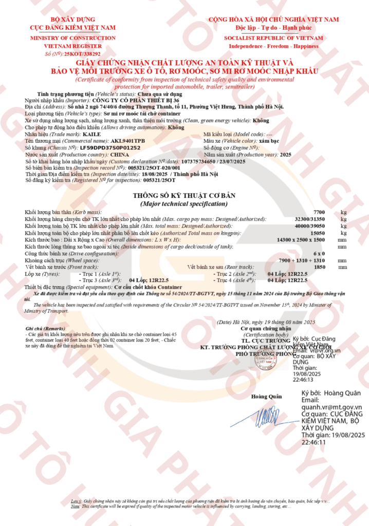 Giấy chứng nhận chất lượng của mooc sàn Kaile 3 trục dài 14.3m