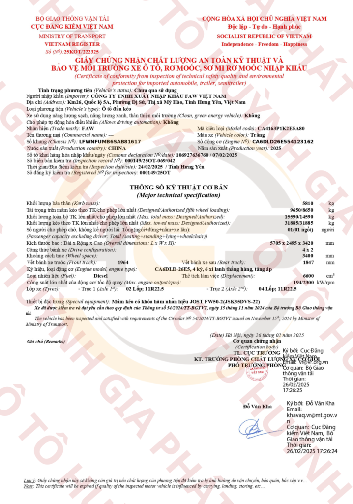 Giấy chứng nhận chất lượng của xe Faw Han V 1 cầu máy 260HP mới