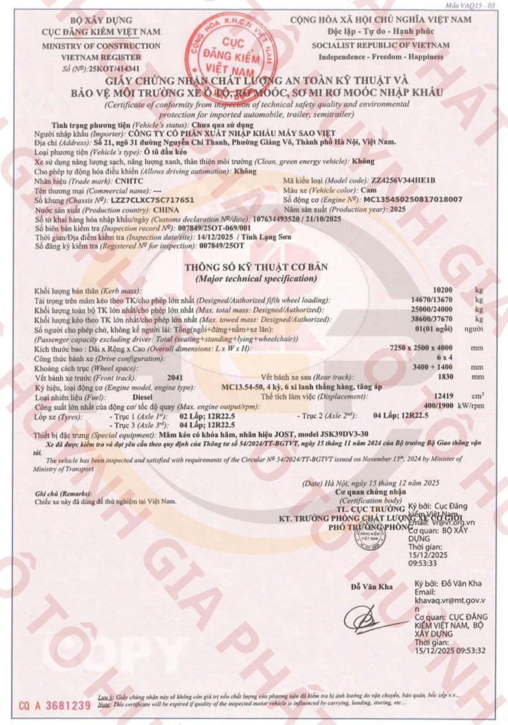 Giấy chứng nhận chất lượng của xe đầu kéo Howo Sitrak G7 cầu láp 540HP mới