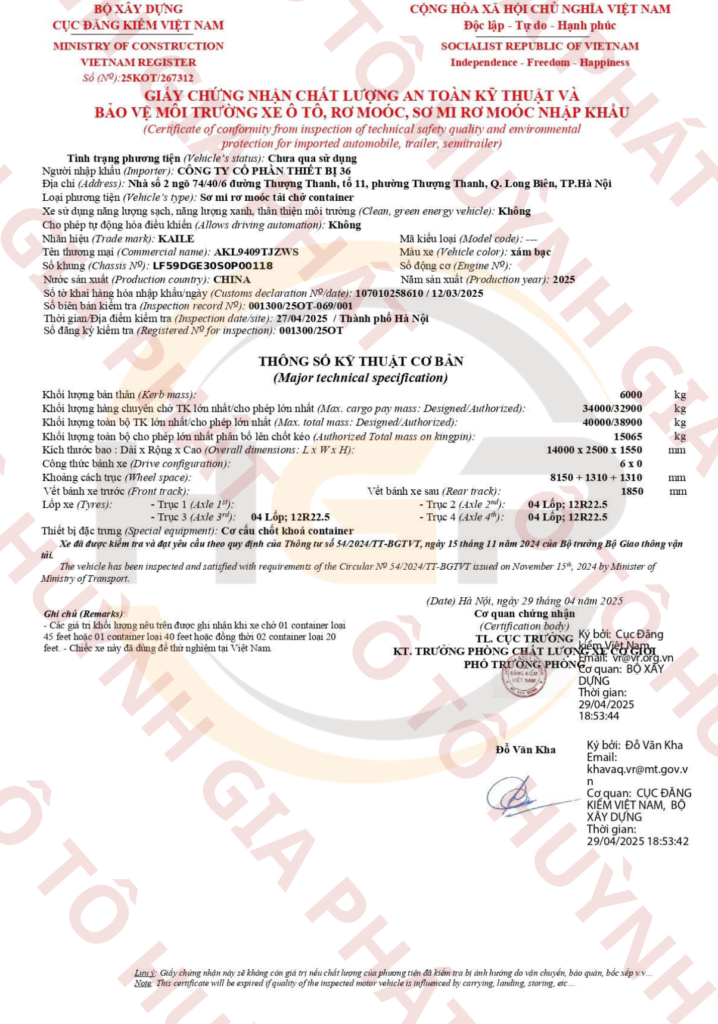 Giấy chứng nhận chất lượng của mooc xương KAILE 3 trục 45 feet tải 32.9 tấn