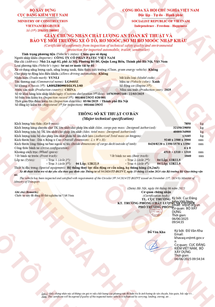 Giấy chứng nhận chất lượng của mooc ben Yunli thùng U 24 khối