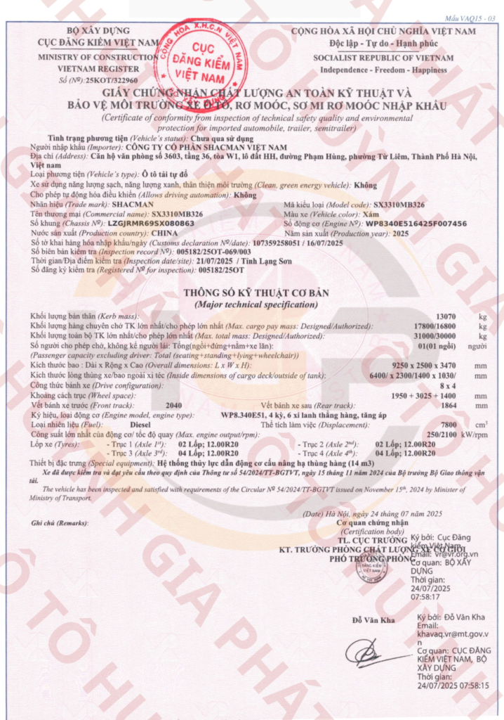 Giấy chứng nhận chất lượng của xe ben 4 chân Shacman H3000S Weichai 340HP