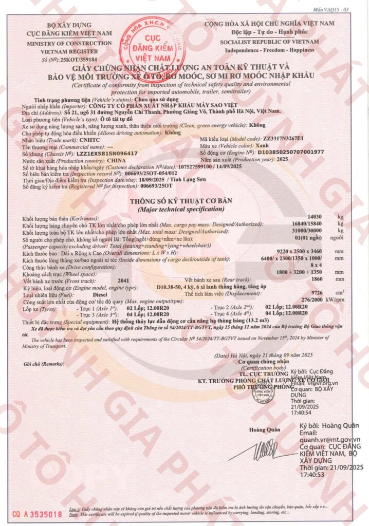 Giấy chứng nhận chất lượng của xe tải ben Howo V7G 4 chân thùng U 380HP