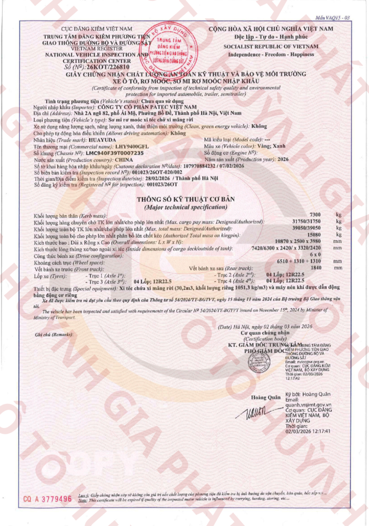 Giấy chứng nhận chất lượng của mooc bồn xi téc xi măng HUAYUDA 30m3