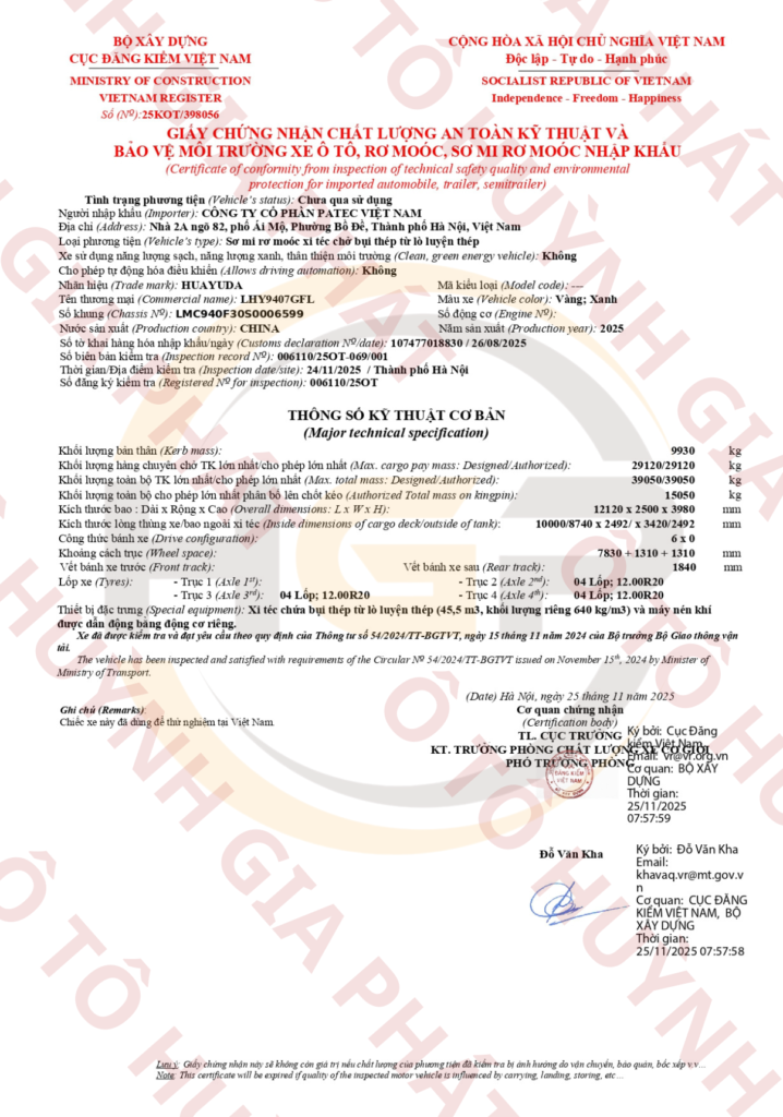 Giấy chứng nhận chất lượng của mooc bồn xi téc xi măng HUAYUDA 45.5m3