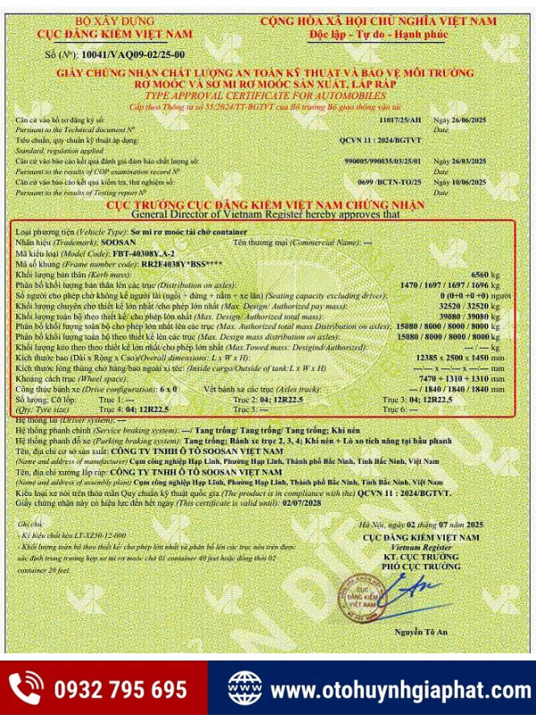 Giấy chứng nhận chất lượng của mooc sàn SOOSAN 3 trục 40 FT 2026
