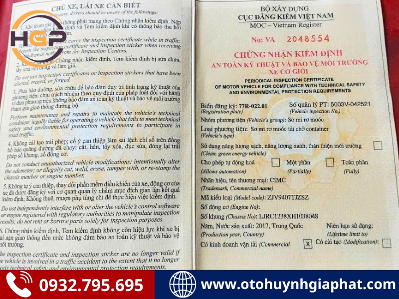 Sổ đăng kiểm của mooc cổ cò Cimc Shenzen 40 feet cũ