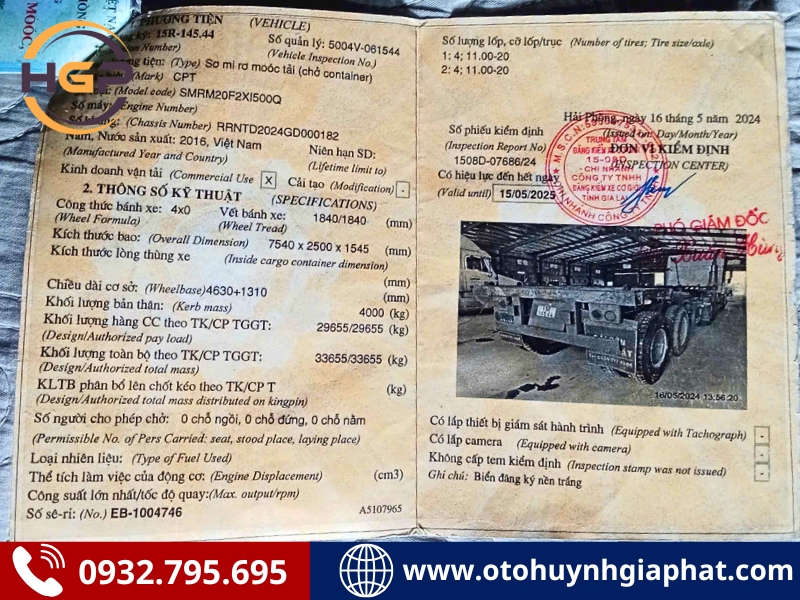 Sổ đăng kiểm của mooc xương 2 trục 20 feet CPT 2016 cũ