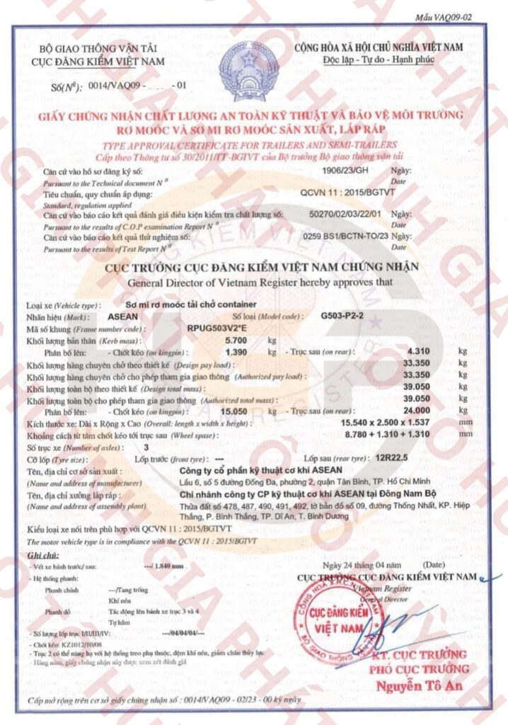 Giấy chứng nhận chất lượng của mooc cổ cò 3 trục 50 feet ASEAN