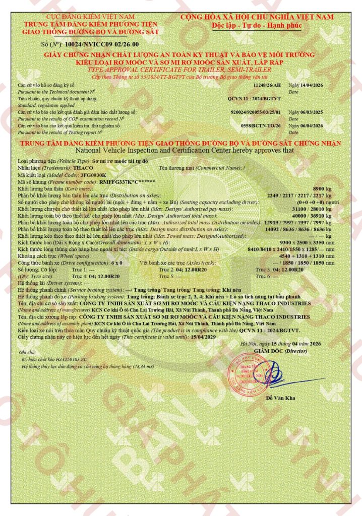 Giấy chứng nhận chất lượng của mooc ben tự đổ Thaco ty JH_Xác nặng