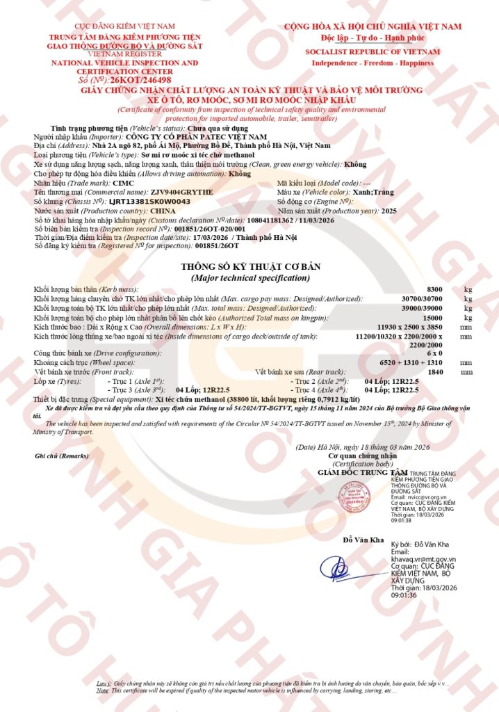 Giấy chứng nhận chất lượng của mooc bồn chở methanol