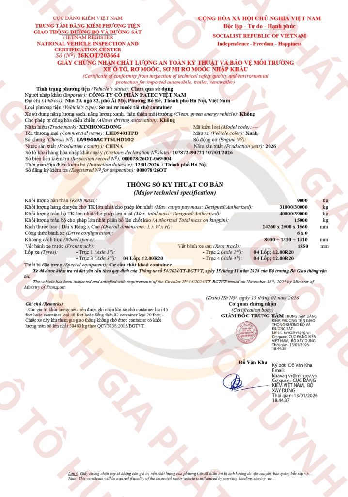 Giấy chứng nhận chất lượng của mooc sàn 45 feet Xinhongdong - Lốp 12.00R20