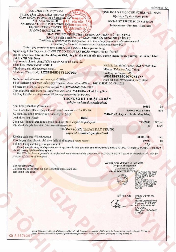 Giấy chứng nhận chất lượng của xe ben Howo chạy mỏ cabin lệch
