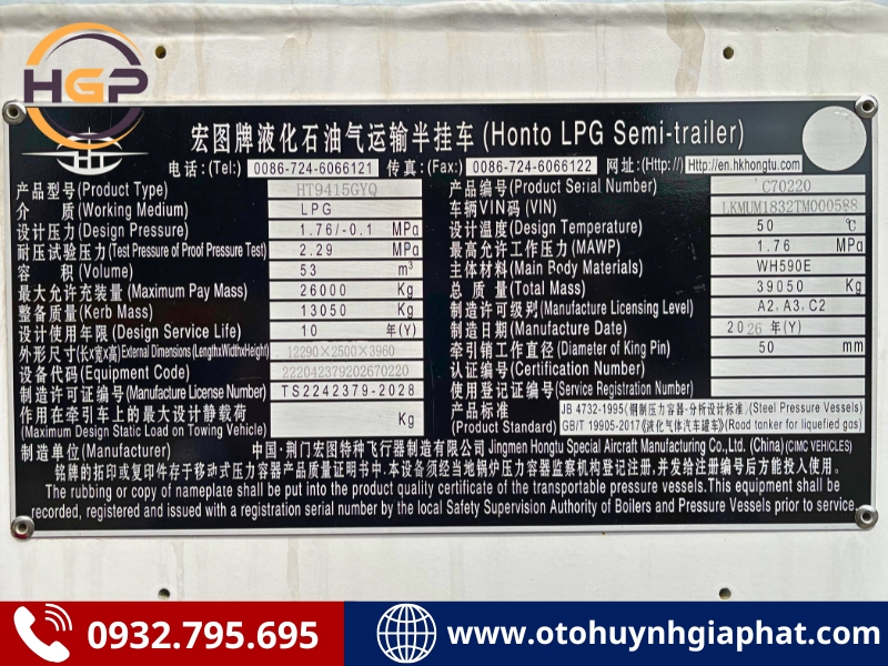 Thông số của mooc bồn chở Gas LPG 53m3