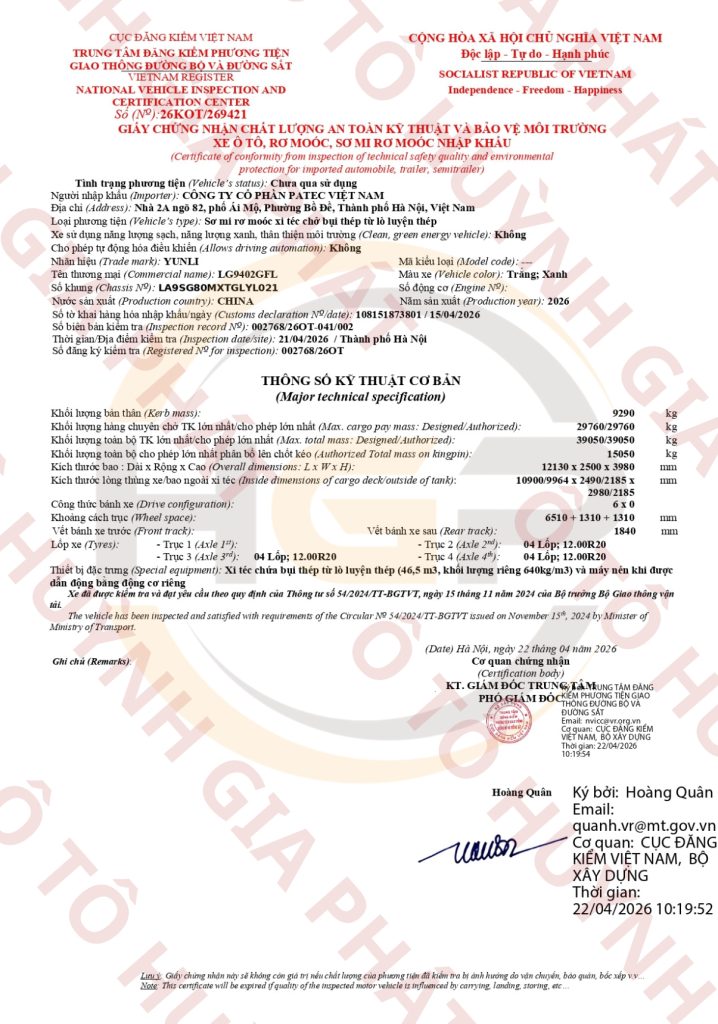 Giấy chứng nhận chất lượng của mooc bồn xi téc xi măng YUNLI 52 khối