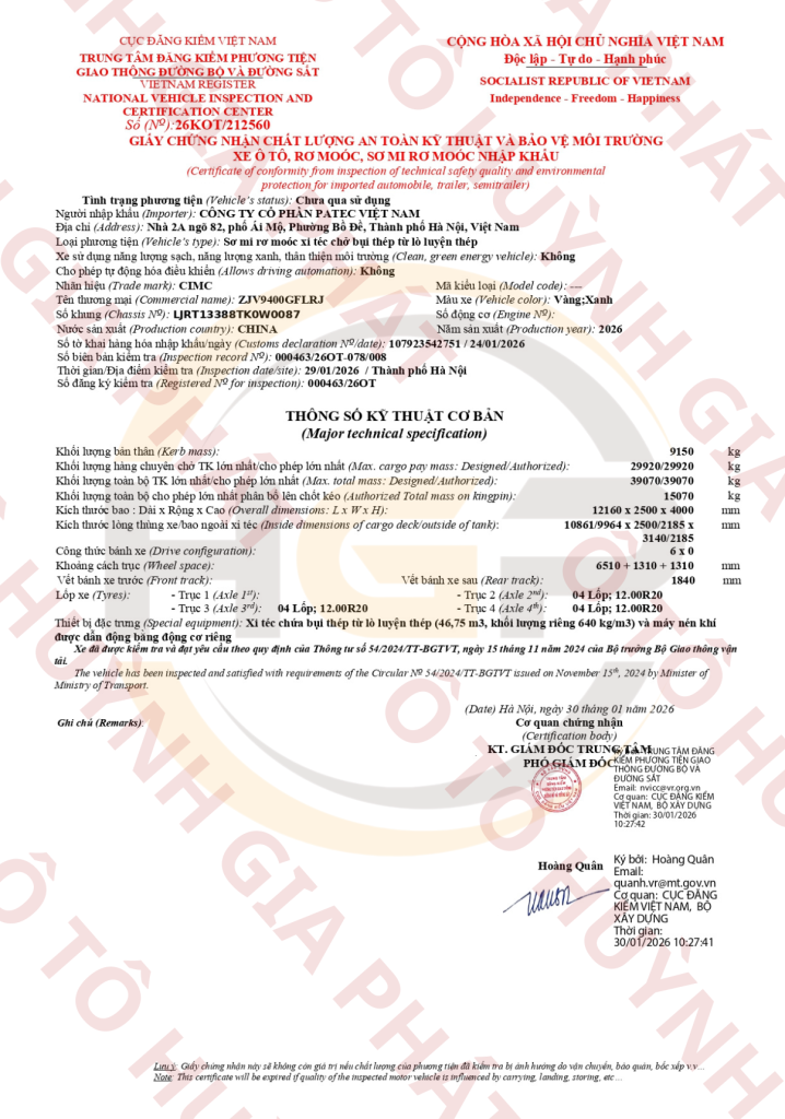 Giấy chứng nhận chất lượng của mooc xi téc Cimc Rjst 46 khối