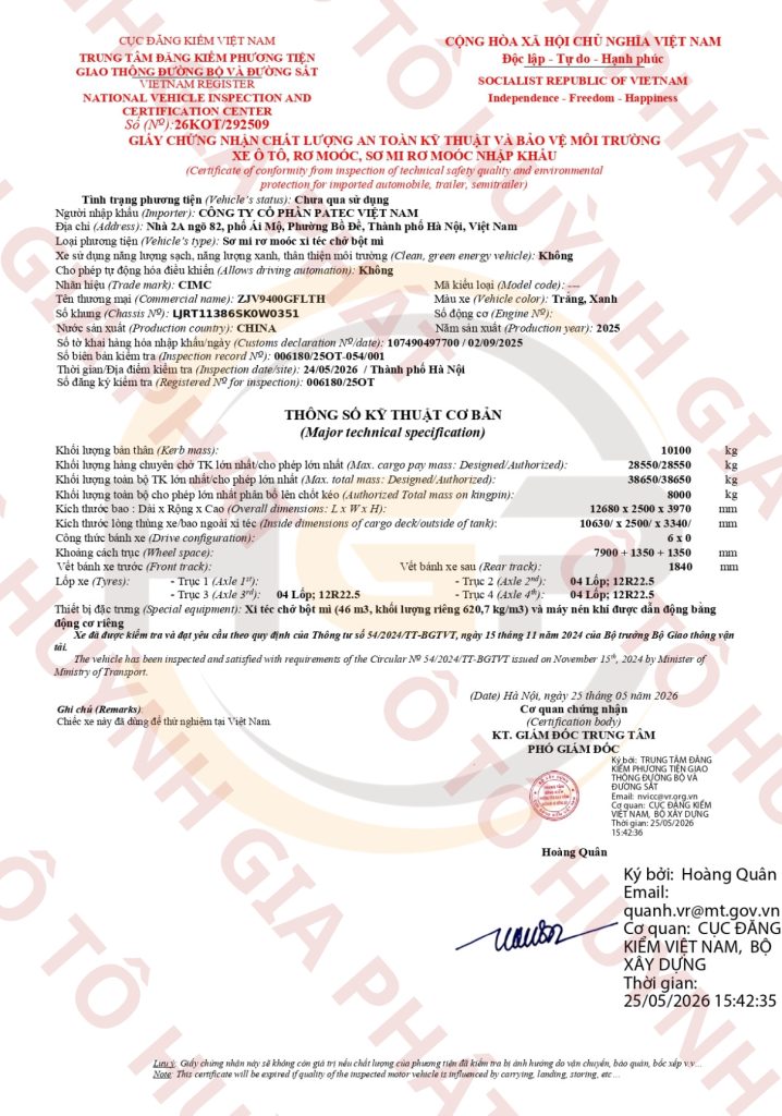 Giấy chứng nhận chất lượng của mooc xi téc chở bột mì CIMC 46m3