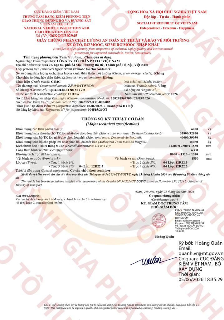 Giấy chứng nhận chất lượng của rơ mooc cổ cò CIMC DONGYUE 45 feet