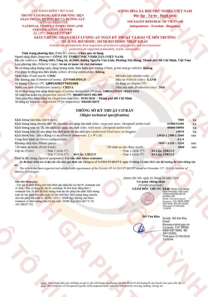 Giấy chứng nhận chất lượng của mooc sàn CIMC DONGGUAN 3 trục 45 FT