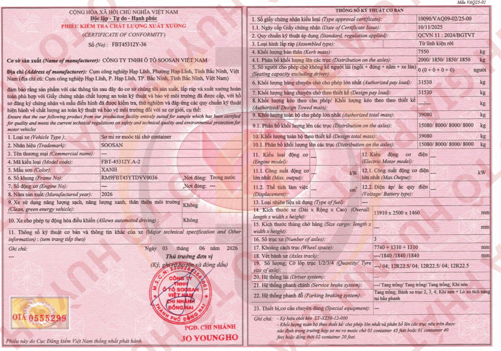 Giấy xuất xưởng của mooc sàn Soosan 3 trục 45 feet