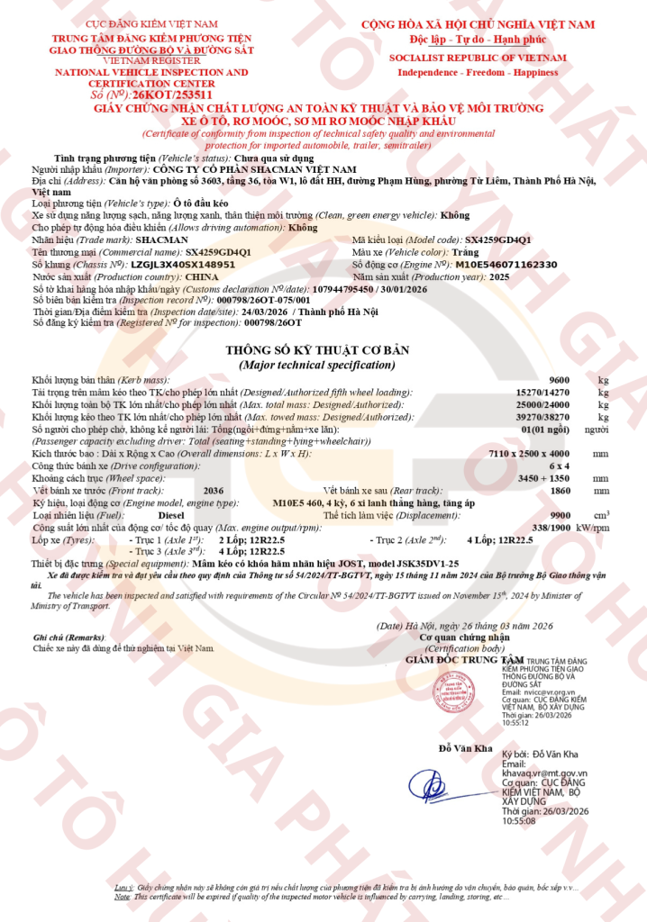 Giấy chứng nhận chất lượng của xe SHACMAN X6000 460HP Cummins