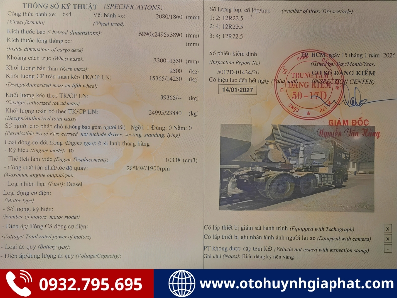 Sổ đăng kiểm của xe đầu kéo Chenglong 2023 cũ