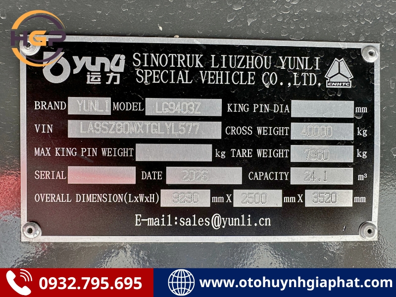Thông số của rơ mooc ben Yunli 24 khối