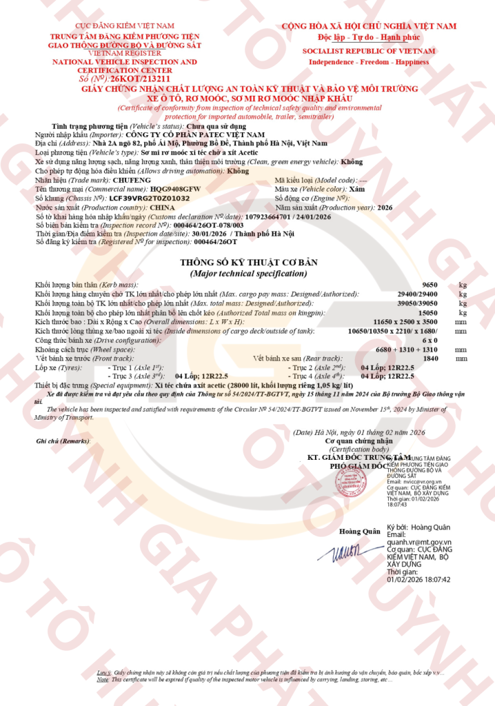 Giấy chứng nhận chất lượng của mooc bồn CHUFENG chở axit 28m3