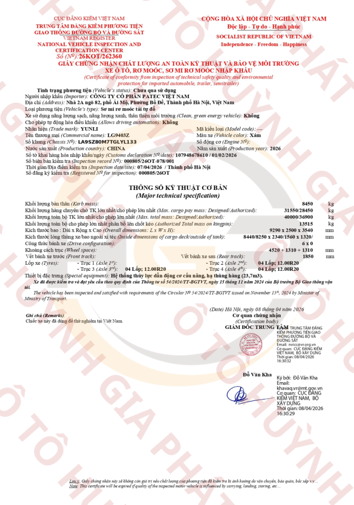 Giấy chứng nhận chất lượng của mooc ben Sinotruk Yunli thùng U 12.00R20