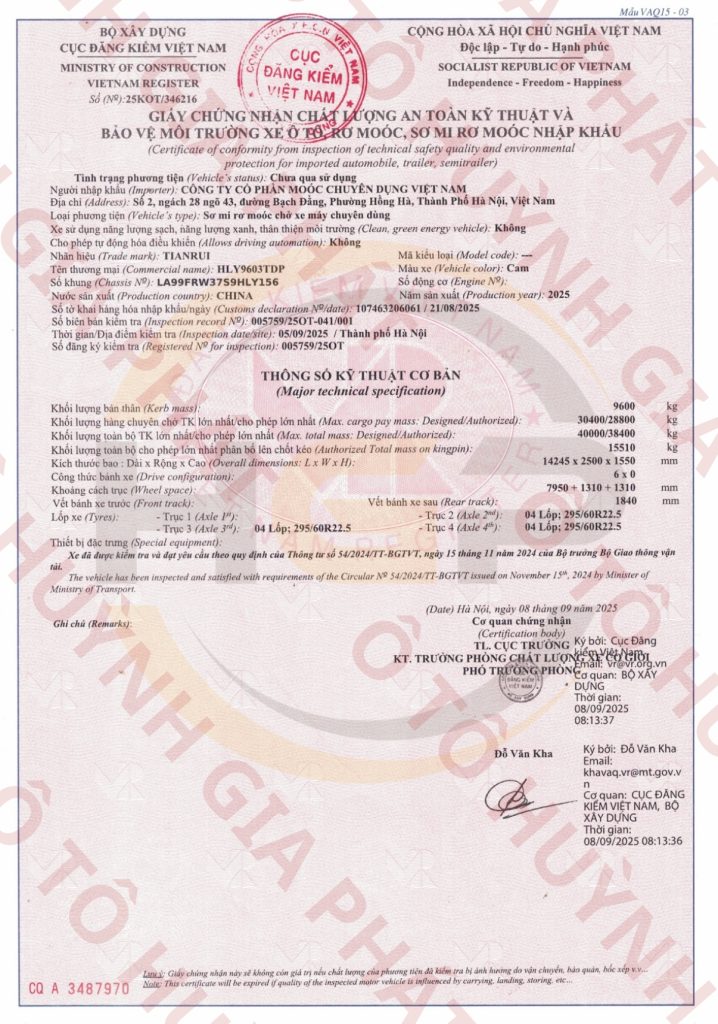 Giấy chứng nhận chất lượng của mooc lùn cơ giới TIANRUI PATEC