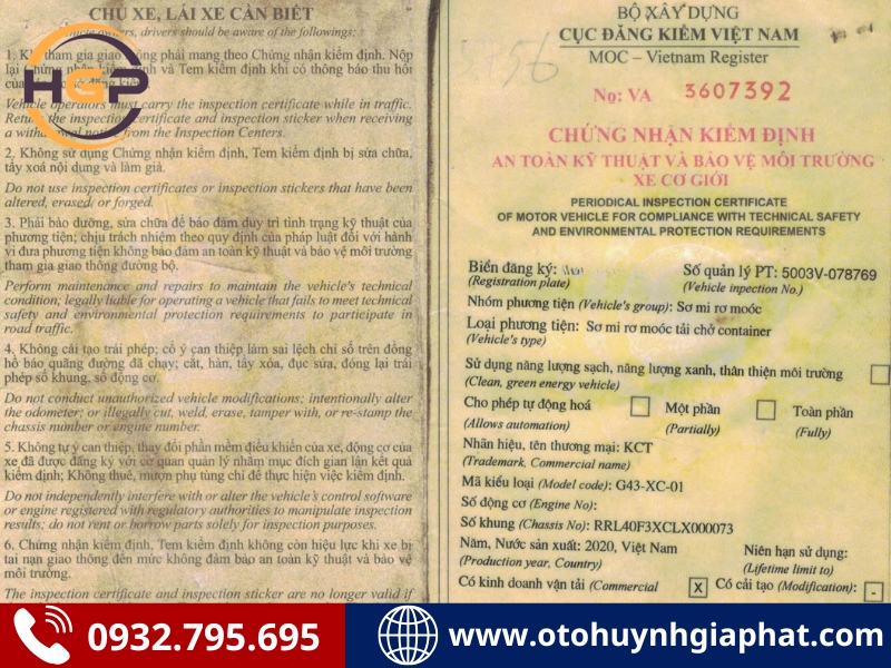 Sổ đăng kiểm của mooc KCT 3 trục 40 feet 2020 cũ