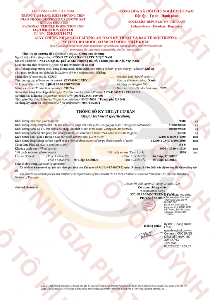 Giấy chứng nhận chất lượng của mooc lồng CIMC PATEC cao 4m nặng 9 tấn